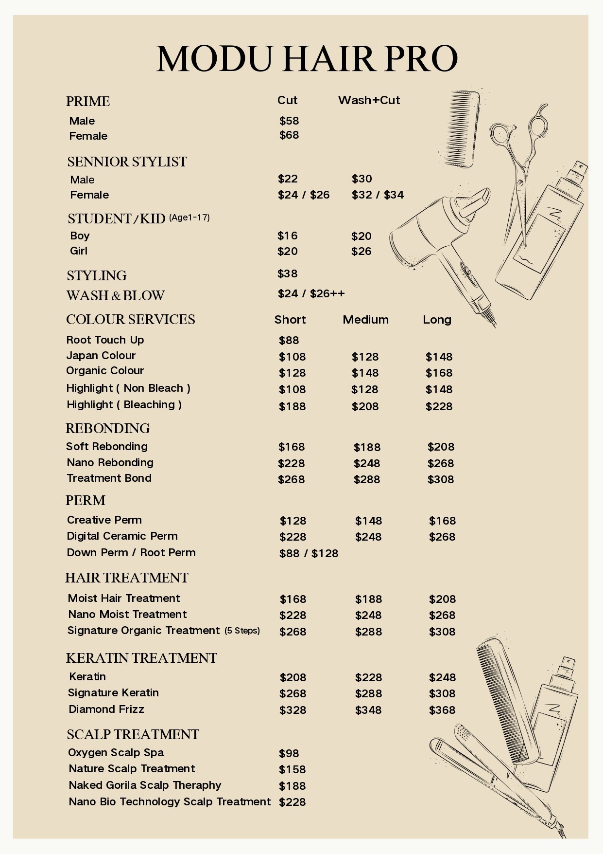 modu hair pro services price list